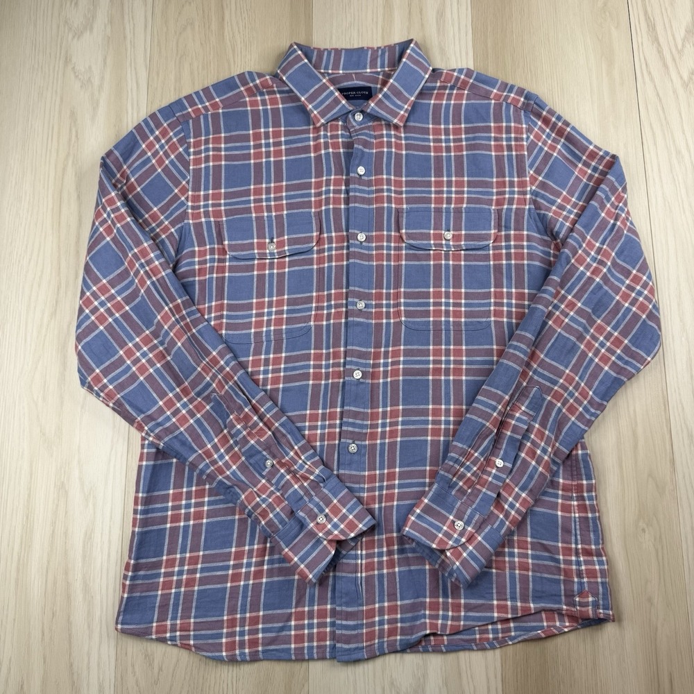 Proper Cloth Cotton Linen Button Up Long Sleeve Shirt Blue Pink Plaid 17.5 36